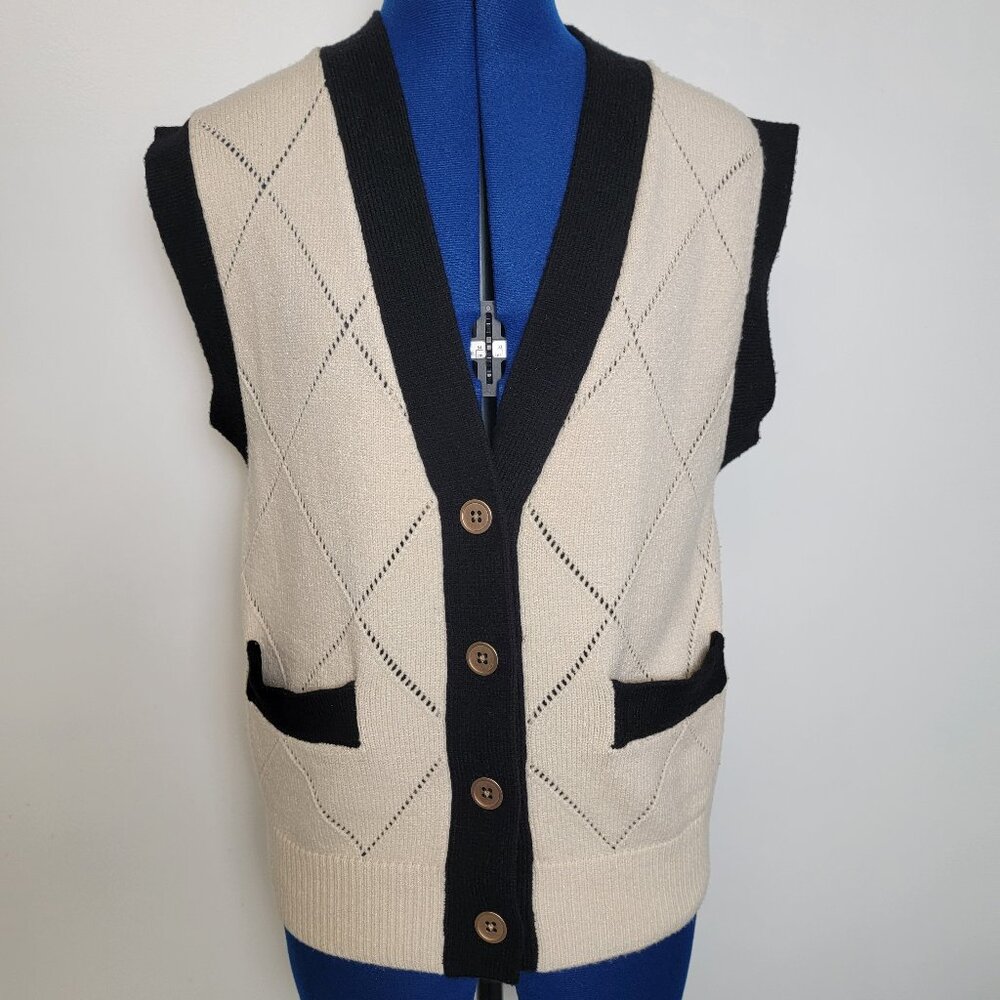Gemma+Jane Womens Cream/Black Sleeveless Vneck Button Diamond Pattern Cardigan M
